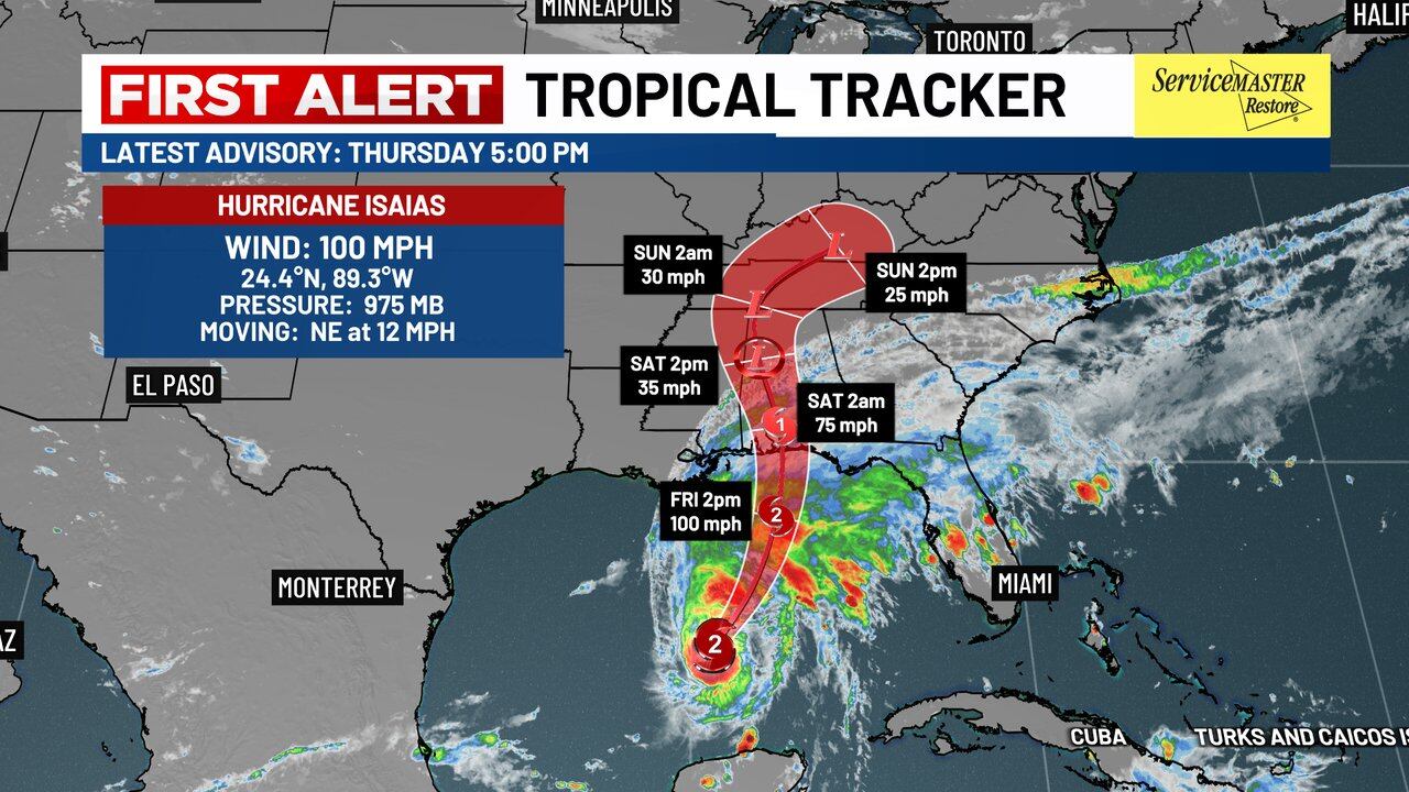 Hurricane Isaias strengthens to Category 2 in Gulf