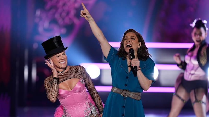 Host Pink, left, and Shoshana Bean perform during the 79th Tony Awards on Sunday, June 7,...